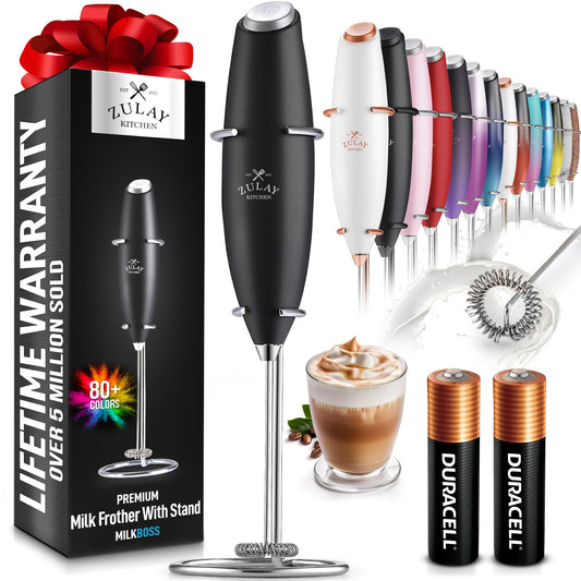 Zulay Kitchen High-Speed Milk Frother Wand - Includes 2 Batteries - Handheld Foam Maker for Coffee, Lattes, and More - Black