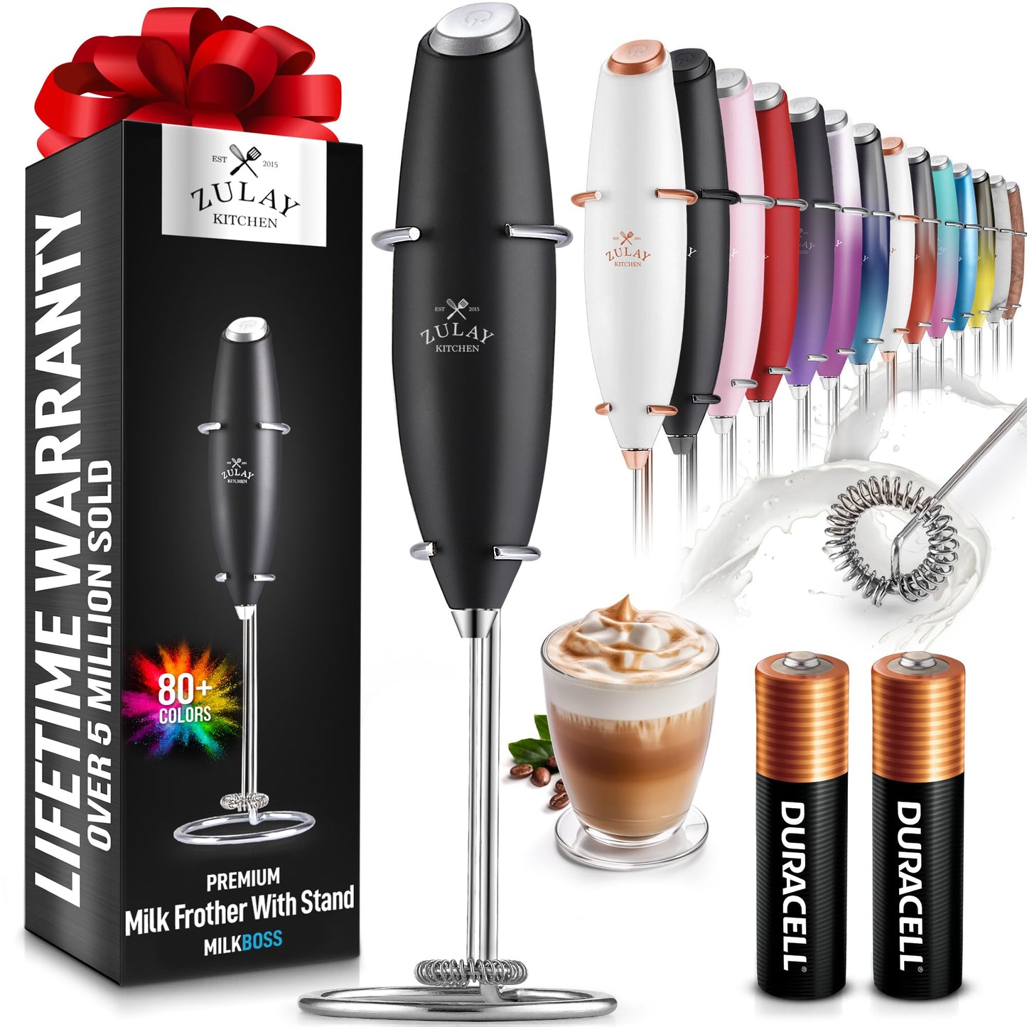 Zulay Kitchen High-Speed Milk Frother Wand - Includes 2 Batteries - Handheld Foam Maker for Coffee, Lattes, and More - Black